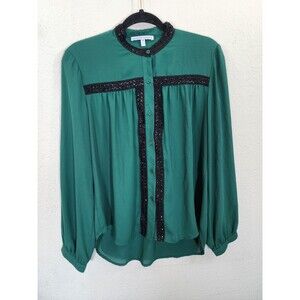 Collective Concepts Blouse Medium Green Sequin Trim Button Down Holiday Top M